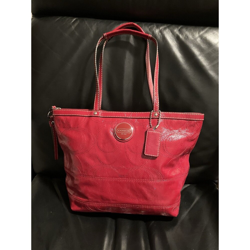 COACH Red Patent Leather Signature Stitch Purse Tote + Wrist Strap.
